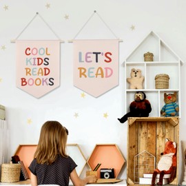 Cool Kids Read Books Hanging Banner-Kid Wall Decor, Let's Read Reading Corner Decor, Reading Nook Wall Art, 2 Pcs Boho Wooden Canvas Banner for Classroom Library Home Kids Room Nursery Preschool