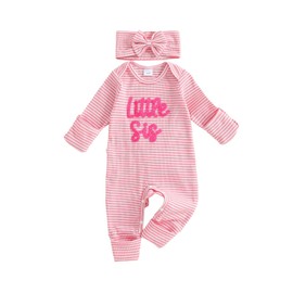 Little Sister Newborn Outfit Baby Girl Waffle Jumpsuit Infant Coming Home Onesie Cute Romper Fall Winter Clothes (A Little Sister Pink, 0-3 Months)