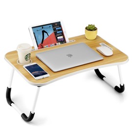 FISYOD Foldable Laptop Table, Portable Lap Desk Bed Table Tray, Laptop Stand with Cup Holder & Tablet Slot & Lifting Handle for Working Writing Drawing & Eating (Wood)