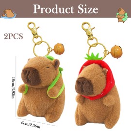 2 Piece Capybara Plush Keychain Set Cute Capybara Toys with Keyrings and Bells, Soft Plush Capybara Keychains, Capybara Keyrings for Bags, Gifts, Perfect for Capybara Lovers(Strawberry+Turtle)