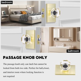 HIEMEY Octagon Crystal Glass Gold Door Knob Interior, Modern Classic Passage Hall/Closet Door Knobs, Satin Brass