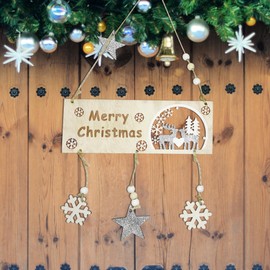 WedDecor Elegant Merry Christmas Hanging Sign Plaque with Silver Glitter Snowflakes & Stars, Festive Wall Decoration Dangler for Door, Tree, Window Perfect Xmas Holiday Décor Wooden Hanging Ornament
