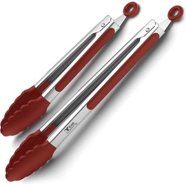 Tribal Cooking Kitchen Tongs with Silicone Tips - Stainless Steel tongs for cooking - 9" and 12" Tongs With Silicone Rubber Grips, Small and Large - Metal BBQ Tongs with Locking (Red)