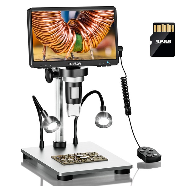 TOMLOV DM9 7" LCD Digital Microscope 1200X, 1080P Video Microscope with Metal Stand, 12MP Ultra-Precise Focusing, LED Fill Lights, PC View, Windows/Mac OS Compatible, with SD Card