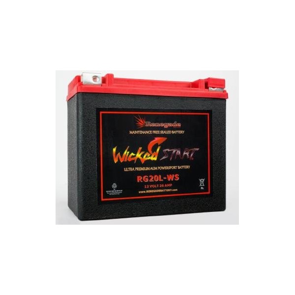 RG20L-WS 12 Volt 20 AH Ultra Premium Wicked Start 500+ CCA Battery YTX20HL-BS, YTX20HL, YTX20L-BS, YTX20L, GYZ20HL, 4011496 Replacement Battery 500cca Ultra High Performance