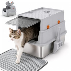 Devopet Stainless Steel Litter Box with Lid, Enclosed Cat Litter Box for Kittens and Small Cats, Odor Control, Easy to Clean, Includes Scoop & Litter Mat