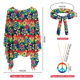 Bseical Hippie Kostüm Damen Set, Karneval Kostüm Damen Hippie, Disco Outfit 60er 70er 80er 90er Jahre Hippie Accessoires, Hippie Kleidung Poncho, Stirnband, Halskette Friedenszeichen Party Fasching Zubehörset