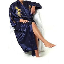 Bon amixyl Men’s Dressing Gown Bathrobe Satin Silk Bath Robe Kimono Gown Dragon Embroidery Yukata Hakma Vintage Navy