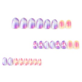 Oval False Nails - Short Colourful Smudges Press On Nails - Pink Purple Ombre French Fake Nails With Glue - Almond Reusable Full Cover Acrylic Stick On Nails For Women Girls Daily Wear DIY Nail Art