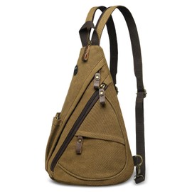 SUIKIHUM Vintage Canvas Sling Bag with Genuine Leather Zipper, 3 in 1 Crossbody, Backpack, and Chest Bag, for Travel, Hiking, 16x10x6 Inches, Coffee