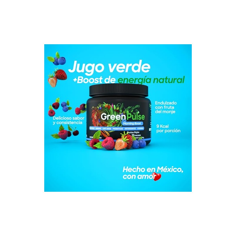 GreenPulse Morning Boost Jugo Verde en Polvo Sabor Frutos Rojos