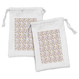 Ambesonne Cherry Blossom Fabric Pouch Set of 2, Spring Concept Sparrow on Freshly Blooming Sakura Branches, Small Drawstring Bag for Toiletries Masks and Favors, 9" x 6", Dried Rose Yellow