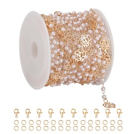 KYUNHOO 16.4 Feet 3MM Faux Pearl Bead Chain with Spool Brass Cable Chain Bulk Rose Flower Link Chains with Jewelry Clasps for Handcraft Making Finding Supplies