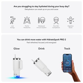 Hidrate Spark PRO 2 Smart Tumbler – 887 ml Insulated Stainless Steel, Tracks Water Intake, Glows & Beeps for Drink Reminder, Bluetooth Sync to App, Straw Lid, BPA-Free, White (with Apple Find My)