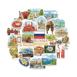 Navy Peony Fascinating Russia Travel Stickers (28pcs)-Hand-Illustrated, Moscow St. Petersburg-Themed Vacation Decals for Journals, Scrapbooks, Luggage
