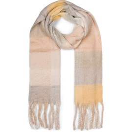 styleBREAKER Women's Web Knitted Scarf with Colourful Checked Pattern and Long Thick Fringes, Warm Winter, Stole 01017138, Grey-yellow/beige