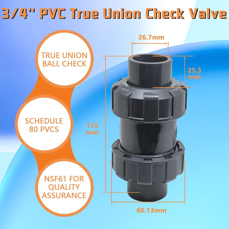 PVC True Union Check Valve, 3/4’’ Slip Swing Full Port