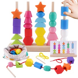 Toddler Montessori Toys Wooden Beads Sequencing Toy Set, Stacking Blocks & Lacing Beads & Matching Shapes, Shape Sorter Toys for 3 4 5 Year Old Boys Girls, STEM Preschool Learning Toys Gifts for Kids