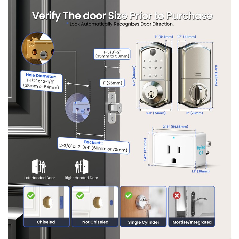 Veise VE017G Wi-Fi Keyless Entry Door Lock with Fingerprint, App