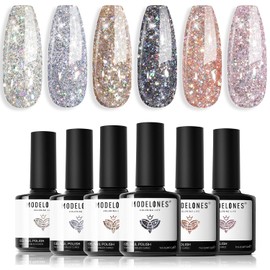 modelones Glitter Gel Nail Polish - 6 Colors Sparkle Silver Gold Pink Gel Polish Kit Soak Off Chrome Platinum Glitter Red Black Nail Polish Set Manicure Nail Art DIY Salon Home Holiday Gift for Women