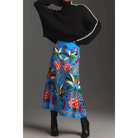 THLAI Womens Skirt Midi Skirt Tropical Plant Print Pink Zipper A-Line Long Skirts Spring Summer Skirt Floral