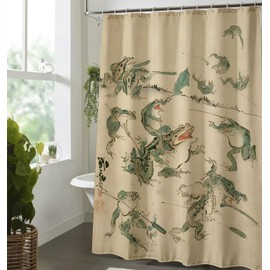 Linen Fabric Funny Frog Shower Curtain - Japanese Retro Bathroom Decor with 12 Hooks, Waterproof Natural Linen, 72x72 Inches