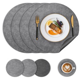 Nymblis Leather Round Placemats Set of 4, Washable & Non-Slip Table Mats and Coasters, Dual-Sided PU Place Mats for Table, Wipeable and Waterproof(Grey)