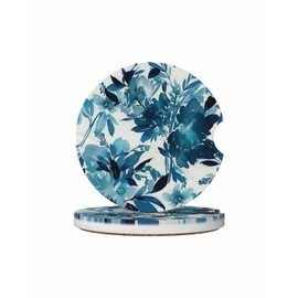 KWSAAHU 2 Pack Absorbent Car Ceramic Coaster Cup Holder, Car Accessories with Cork Back and Finger Slots, Non-Slip Shock Absorption for Both Men and Women Ink Flower