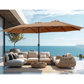 PHI VILLA 15ft Large Patio Umbrellas with Base, Outdoor Double-Sided Rectangle Market Umbrella for Pool Lawn Garden, Maillard Brown