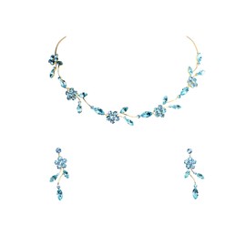 Faship Gorgeous Aqua Rhinestone Crystal Floral Necklace Earrings Set - Aqua/Gold Plated