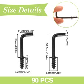 UFURMATE 1 Inch Screw Hooks, 90 Pieces Carbon Steel Coated L Shaped Hooks with Shoulders, Dresser, Cup Hooks, Right Angle Hooks, Self Tapping Screw Hooks (Black)