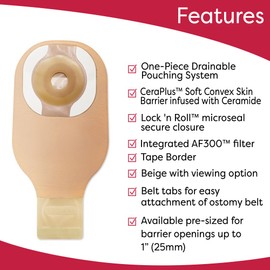 Hollister 8962 CeraPlus Soft Convex 1-Piece 12” Drainable Ostomy Pouching System, 5 Pack, Beige with Viewing Option, Pre-Sized 1”