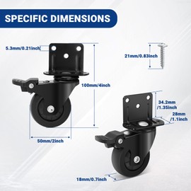 Humagineer 50 mm L-Mounting Plate Heavy Duty Castors Small, 360 Degree Rotation Swivel Castors Small Rubber, Quiet and Smooth, Load Capacity 270 kg, Furniture Castors Small with 4 Brakes for Table