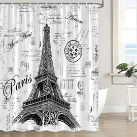 KDYDK Eiffel Tower Shower Curtain Retro Hand-Painted Postmar Seal France Romantic European Paris City Architectural Cultural 70" L x 70" W Bathroom Decor Curtain Set with Hook