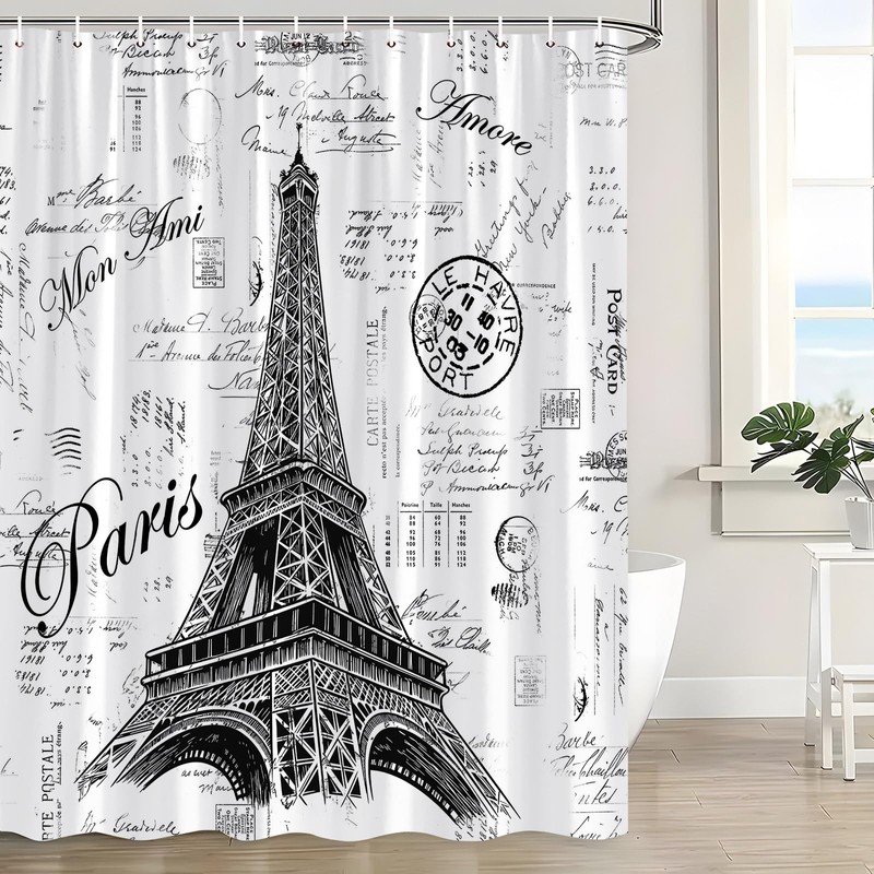 KDYDK Eiffel Tower Shower Curtain Retro Hand-Painted Postmar Seal France