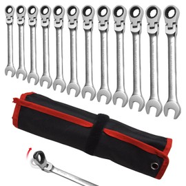 WISEUP 12Pcs Ratchet Wrench, CR-V Chrome-vanadium Steel 8-19mm Wrench, 180 ° Adjustable Combination Wrenches, Double-end Ratchet Wrench, Anti-slip Rust-proof, Labor-saving Tools