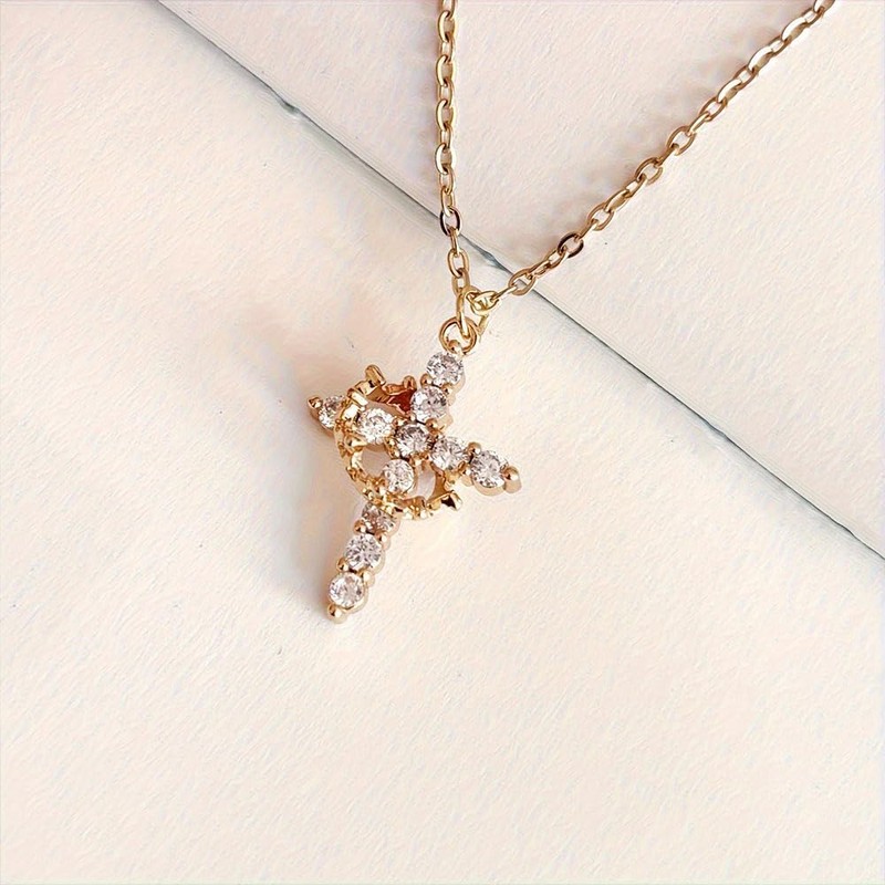 14K Gold Rhinestone Cross Pendant Necklace for Women,Shining Statement Christianity