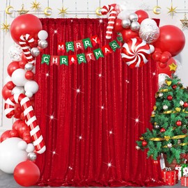 B-COOL Red Sequin Backdrop Curtain 2 Panels 2ftx8ft Shiny Christmas Backdrop Drapes Red Glitter Curtains for Wedding Party Birthday Background Decoration