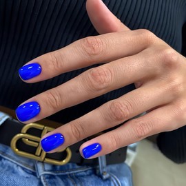 BFY Short Press on Nails Square Winter Christmas Colors, Blue Solid Color Nail Decoration Gel Made Acrylic Nails, Glossy Fake Nails Stick Glue on Nails Kit, New Year Nail Accessories 24 Pcs