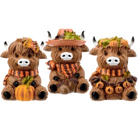 Foilswirl 3 Pcs Fall Highland Cow Figurines Fall Pumpkin Highland Cow Table Decoration Autumn Resin Scottish Calf Statue for Thanksgiving Home Kitchen Office Tiered Tray Decors Calf Lovers Gifts