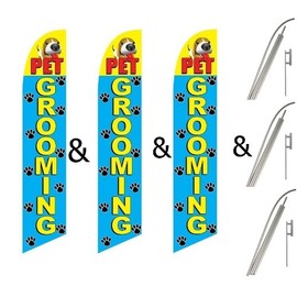 Three (3) Pack Swooper Flags & Pole Kits Pet Grooming Paw Prints Puppy Yellow Red Blue
