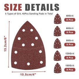 40Pcs Sanding Pads, 5 Types of Grit, Mouse Sanding Sheets Triangular with Hook and Loop, 5-Sheets Assorted 40/60/80/120/180 Grit Mouse Sander Pads,11 Holes Mouse Sanding Pads