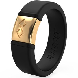 Rinfit Silicone Rings for Men - Mens Silicone Wedding Bands - Infinity Ring with Metal Plate - Rubber Rings Men - Metalnfinity Collection - Gold, Black - Size 10