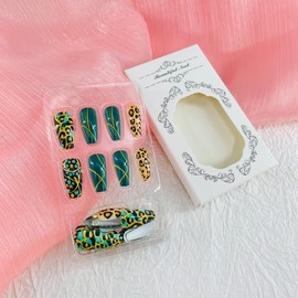 24Pcs Press on Nails Medium Square Fake Nails Long Coffin False Nails with Designs Leopard Glue on Nails Green Acrylic Nails Glossy Artificial Nails Full Cover Stick on Nails for Coquette Women