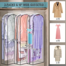 MISSLO 10" Gusseted Clear Garment Bags for Dresses Covers Long 60" Dress Bag Hanging Clothes Covers for Coats, Gowns, Suits Protector, 3 Packs
