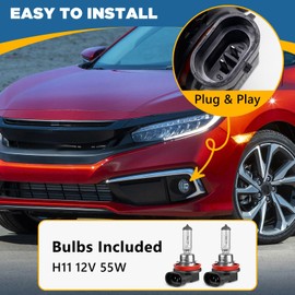 TOPUS Fog Lights Assembly Replacement for 2016-2021 Honda Civic;2014-2021 Fit; 2012-2021 Pilot; 2013-2015 Accord; 2019-2021 HR-V Clear Lens Fog Lamps with H8 12V 35W Bulbs Left and Right Side