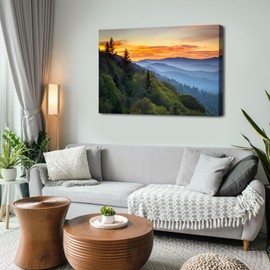 Large Nature Wall Art Great Smoky Mountains Canvas Pictures for Bedroom National Park Foggy Forest Wood Framed Painting Sunrise Photo Artwork Misty Landscape Living Room Dinner Home Decorations 32x48