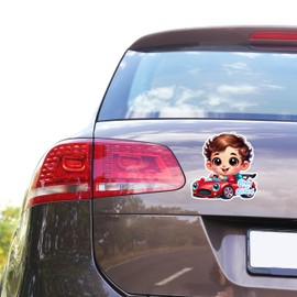Baby On Board Sticker, Car Essentials - 1 Pack, 7" by 7" - Cute - Cartoon Safety Signs - Non Magnet - Cute-Durable Strong Adhesive (Red Sports Car)