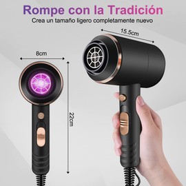 Secador de Cabello Ion Negativo, 1800W Secadora de Pelo Profesional Potente con 3 Temperatura Ajustable y 2 Velocidades, Secadora con Difusor para Rizos Portátil con Boquillas y Difusor para Hogar o Salón