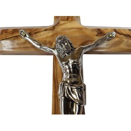 Bethlehem Gifts TM Bethlehem Olive Wood Wall Cross with Silver Crucifix (5 INCHES)
